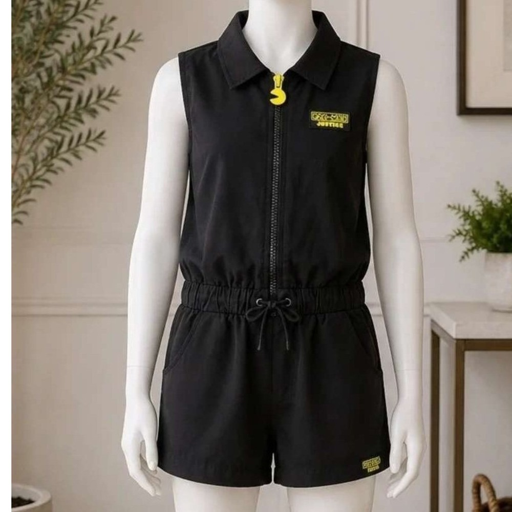 Justice Girls Romper Pac-Man Black Sleeveless Zip Front Pockets L 12/14